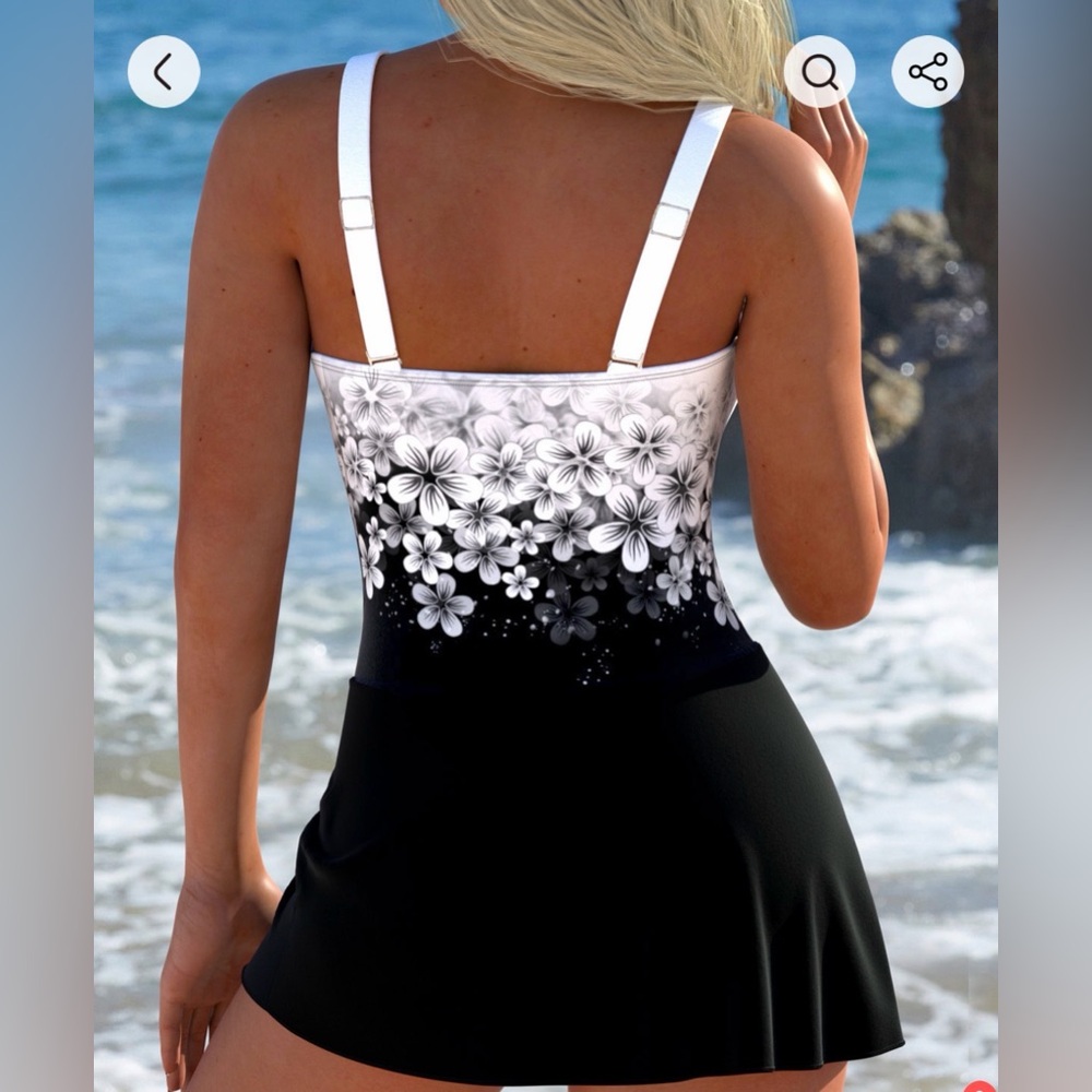 Floral Print Black One Piece Swimdress - Picture 2 of 8